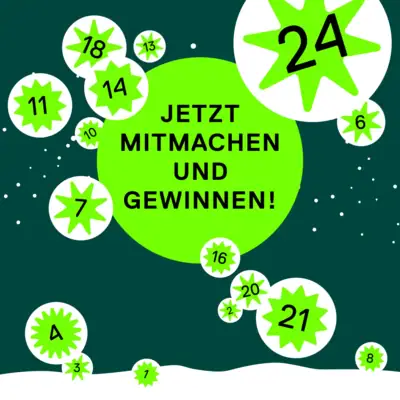 Adventskalender Grüner Kreis mit weißen Sternen und schwarzem Text