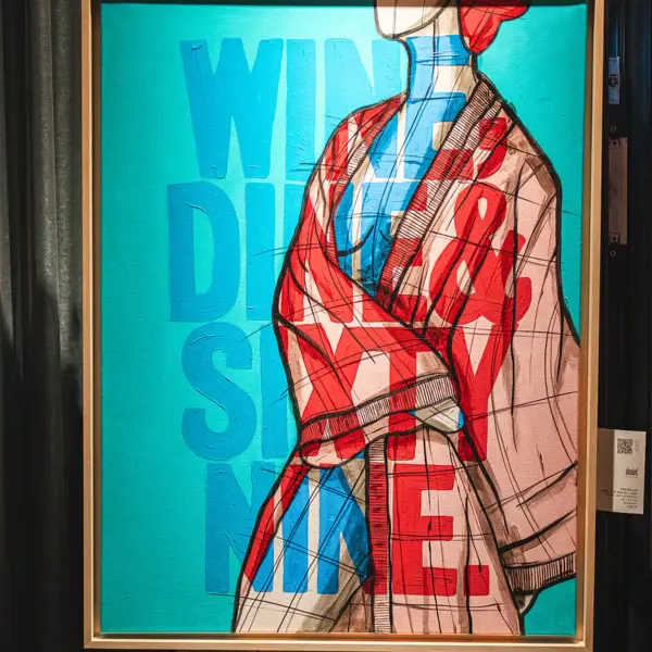 Urban Nature Art Ein abstraktes, buntes Bild mit der Aufschrift "Wine, dine and sixty nine."