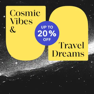 Cosmic Getaway 2026 Plakat mit Text und Grafiken im Kreisdesign.