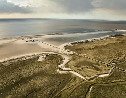 Salzwiesen St. Peter-Ording Die Salzwiesen in St. Peter-Ording mit Wolken am Himmel und Küstenlinie.